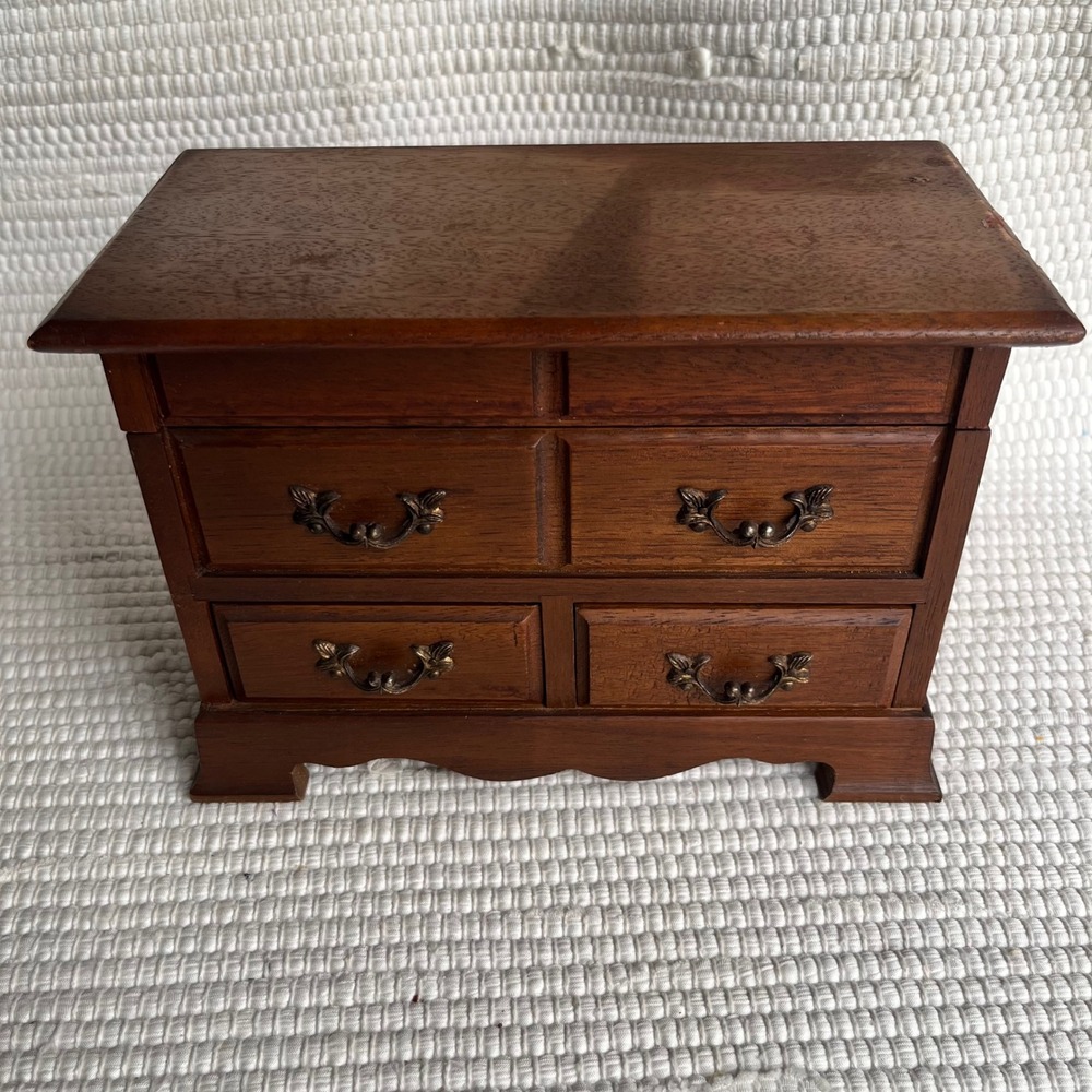 Vintage Wood Jewelry Box Miniature Dresser Chest Blue Lining Mirror Drawer